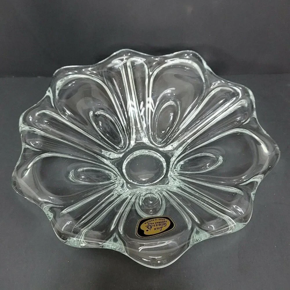 Vintage MCM 60s LUX Glass Austria Art Clear Glass Flower Shape‎ Centerpiece Bowl